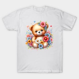 A teddy bear decorated with beautiful colorful flowers. T-Shirt
